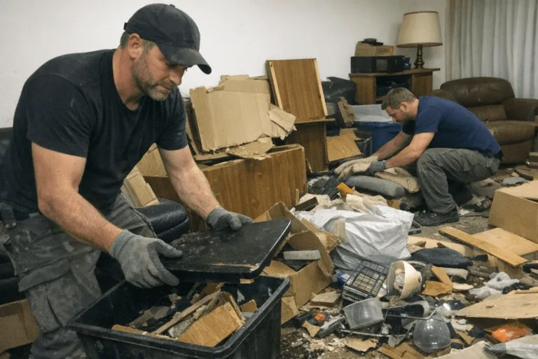 Mitarbeitende sortieren Gegenstände in einer überfüllten Wohnung in beschriftete Behälter