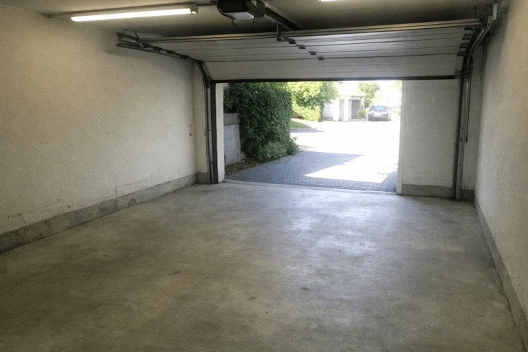 Freigeräumte Garage mit sichtbarer Stellfläche und ordentlich zusammengelegten Werkzeugbänken
