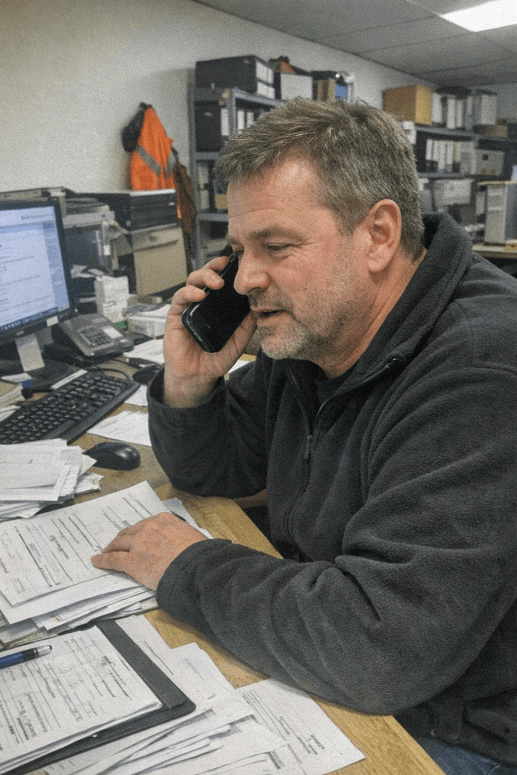 Disponent plant einen Termin am Schreibtisch mit Lageplan und Telefon