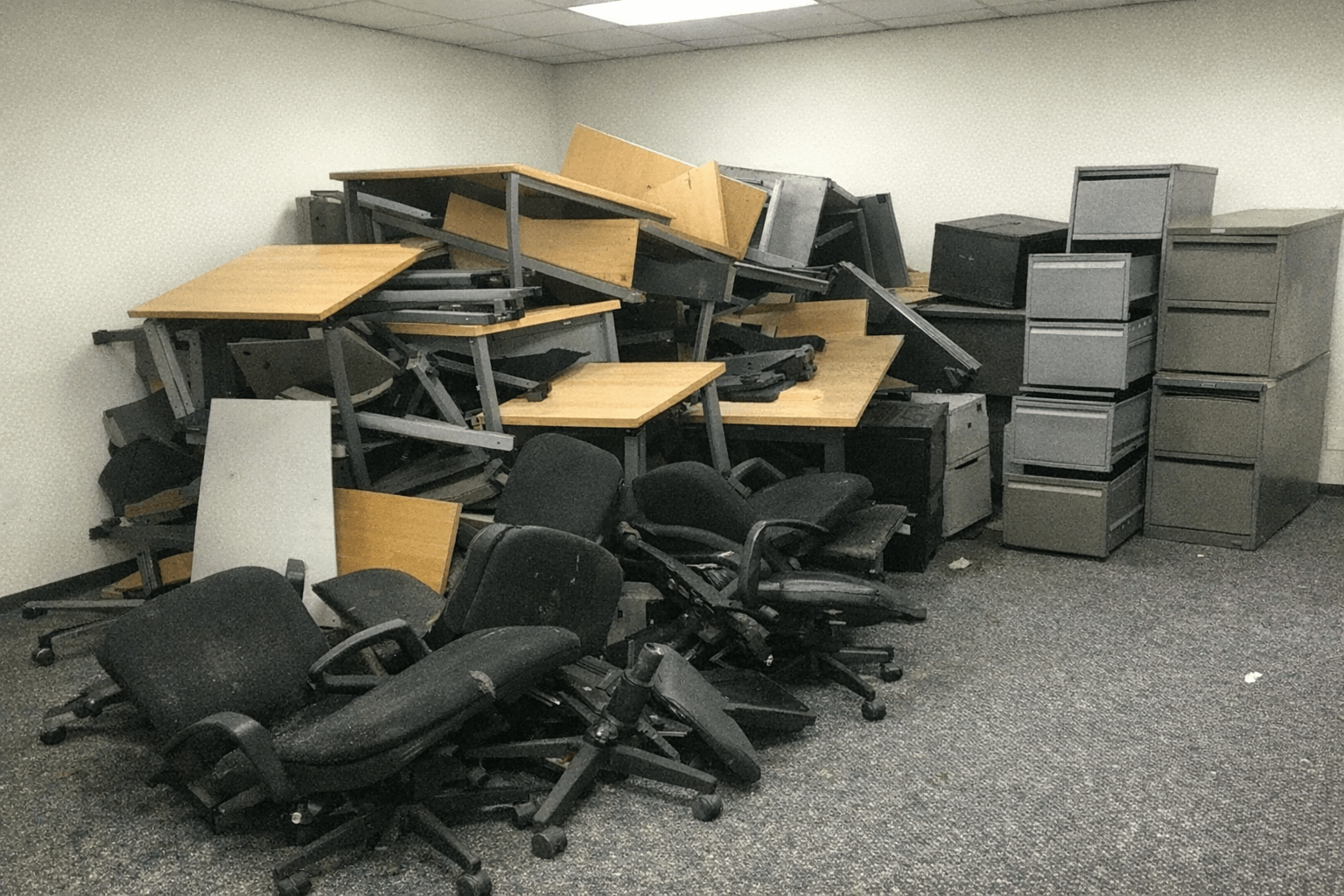 Abgebaute Schreibtische und Stühle stehen bereit für den Abtransport in einem Büro
