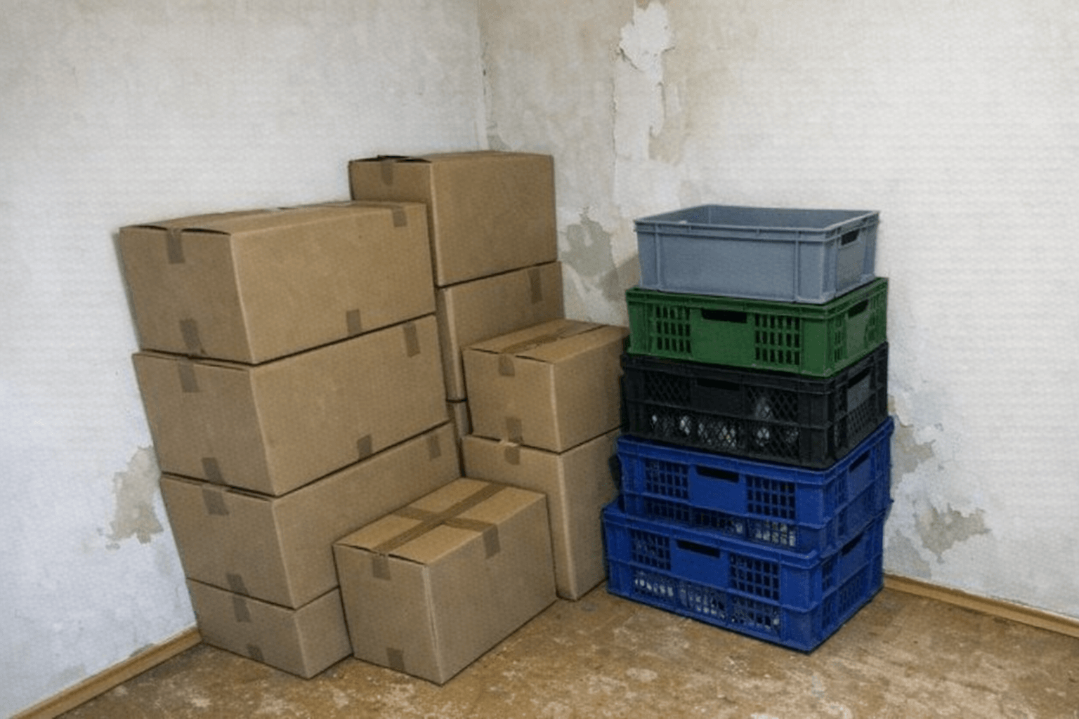Leere Wohnung mit wenigen markierten Umzugskartons entlang der Wand